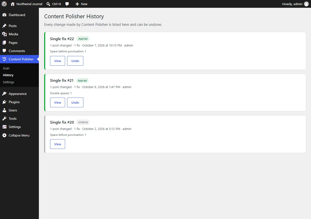 Content Polisher History page listing every change with an Undo button